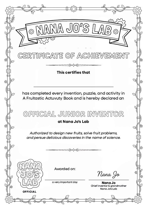 Nana Jo's Lab certificate of achievement
