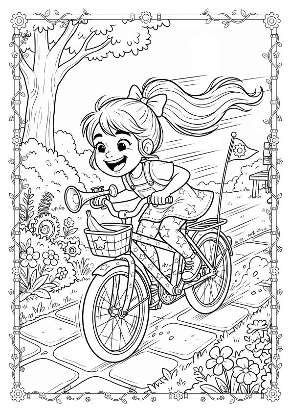 Coloring page of Maya riding a bike
